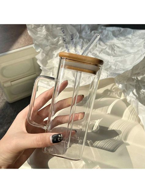 1pc Transparent Square Shaped Glass Cup With Handle And Straw For Home And InsI discovered amazing products on SHEIN.com, come check them out! Trendy Cups, Aesthetic Glasses, Business Accessories, Glass Cup Set, Trendy Water Bottles, Stationery Obsession, Bamboo Texture, Fancy Pens, Cute Coffee Cups