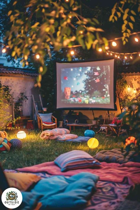 Movie Night Under The Stars, Outside Movie, Backyard Entertainment, Entertaining Garden, Flower Bed Borders, Outdoor Movie Theater, Backyard Creations, Night Under The Stars, Hardscape Design