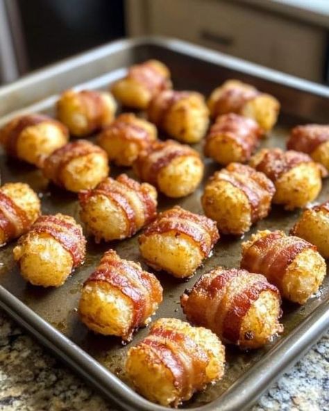 Tailgating Sides Dishes, Dance Snacks, Bacon Wrapped Tater Tots, Potato Bites Recipe, Bacon Appetizer, Superbowl Recipes, Cooktop Cove, Bacon Snacks, Tailgate Recipes