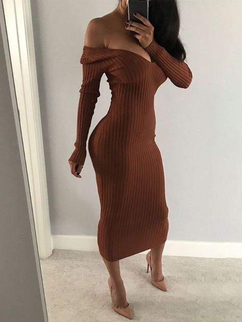 Long Sleeve Maxi Dresses, Ribbed Knit Bodycon Dress, Mode Ulzzang, Bodycon Maxi Dress, Trendy Outfits Winter, Bodycon Maxi Dresses, Long Sleeve Maxi, Brown Dress, Looks Style