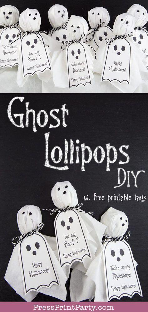 GHOST LOLLIPOPS w. FREE HALLOWEEN TAGS- Free printable Halloween tags for your ghost lollipop craft. Easy & fun DIY. Great gift idea to give to classmates at school. Perfect favors for your Halloween party. Free ghost template. Fun handmade Halloween treats. You're clearly the best, Happy Halloween, For my Boo FF. #halloween #tags #diy #craft by Press Print Party! Lollipops Diy, Ghost Lollipops, Lollipop Craft, Ghost Template, Printable Halloween Tags, Imprimibles Halloween, Dekorasi Halloween, Dulces Halloween, Free Printable Halloween