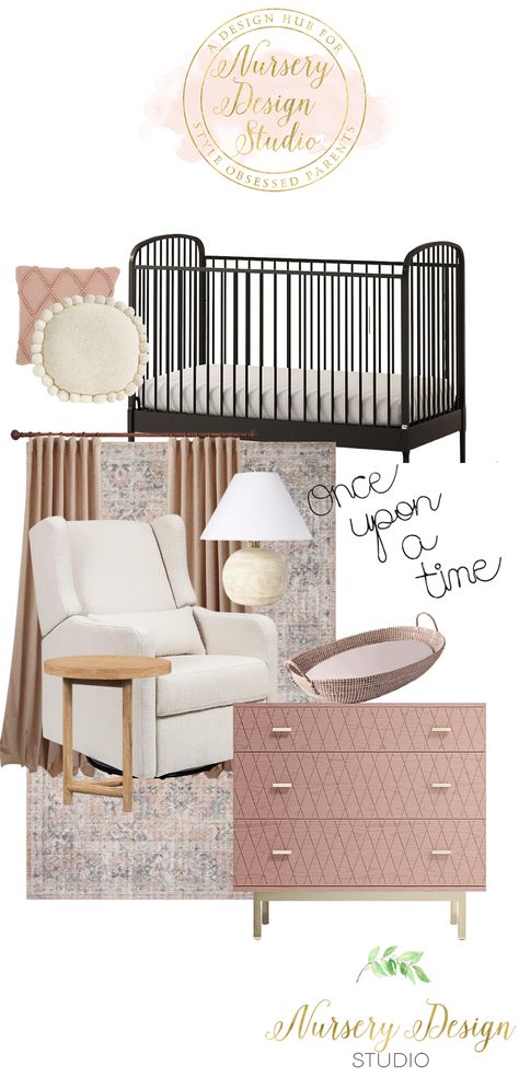 If you are looking for a fun and sophisticated girls' nursery idea, you can't go wrong with this dusty blush nursery design! #BLUSHNURSERY Black Pink Nursery, Black Crib Nursery Girl, Girl Nursery Black Crib, Nursery With Black Crib, Black And Pink Nursery, Black Crib Nursery, Shared Nursery Ideas, Boys Nursery Ideas, Nursery Design Board