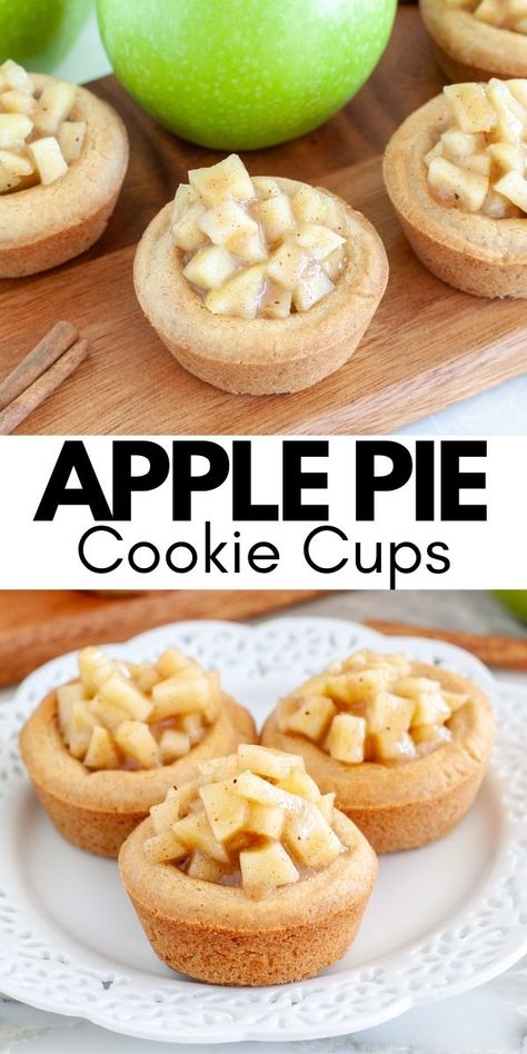 These apple pie cookie cups are so delicious! Made with a cinnamon, sugar cookie crust and filled with easy apple pie mixture. #applepie #cookiecups Apple Cookie Cups, Apple Pie Cookie Cups, Apple Pie Cookie, Individual Apple Pies, Easy Apple Pie Filling, Butterball Cookies, Sour Cream Cookies, Sugar Cookie Cups, Cookie Cups Recipe