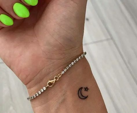 Turkish Moon And Star Tattoo, Small Moon Hand Tattoo, Moon N Stars Tattoo, Crescent Moon Star Tattoo, Moon And Stars Tattoo Wrist, Stars And The Moon Tattoo, Moon And 2 Stars Tattoo, Moons And Stars Tattoos, Moon And Star Wrist Tattoo