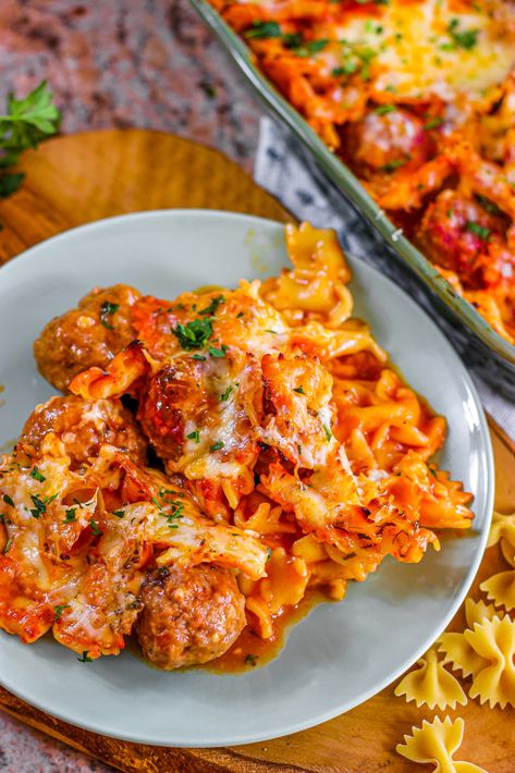 Meatballs And Bowtie Pasta, Meatball Bowtie Pasta, Bow Tie Pasta And Meatballs, Meatball Pasta Casserole, Dump And Bake Meatball Casserole, Frozen Turkey Meatballs, Farfalle Recipes, Bow Tie Pasta Recipe, Dump And Bake