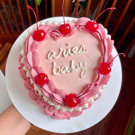 pink Aries heart cake with cherries Heart Shaped Aries Cake, Aries Cake Aesthetic, Aries Season Cake, Aries Szn Cake, Aries Baby Cake, Aries Birthday Cake, Aries Party, Aries Angel, Mars Cake