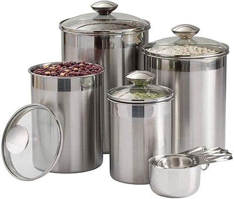 Beautiful Canisters Sets for the Kitchen Counter, 8-Piece Stainless Steel, Medium Sized with Glass Lids and Measuring Cups - SilverOnyx Tea Coffee Sugar Flour Canisters - 8pc Glass Lids: Amazon.co.uk: DIY & Tools Stainless Steel Canister Set, Stainless Steel Food Storage, Tea Coffee Sugar Canisters, Flour Canister, Sugar Storage, Kitchen Ideals, Kitchen Canister Set, Sugar Canister, Food Storage Container Set