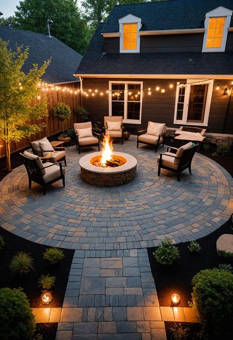 Backyard Fire Pit Ideas Pavers, Brick Yard Ideas, Brick Back Patio, Outdoor Patio Stone, Paver Brick Patio Ideas, Texas Back Patio Ideas, Outdoor Brick Patio Ideas, Crushed Granite Walkway, Paver Patio Ideas With Fire Pit