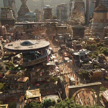 The fictional nation of Wakanda in *Black Panther* Expensive Brands, Afrofuturism Art, Sci Fi City, Free Trade, City Planner, Movie Black, Fantasy City, Futuristic City, Future City