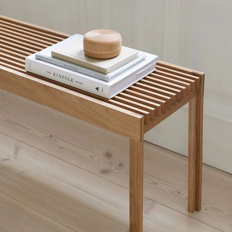 Danish products by Form & Refine: great materials, craft traditions and sustainable principles Minimalist Furniture Design, Oak Bench, Into The Wood, Table Haute, Into The Woods, Wooden Bench, Wooden Slats, Wood Bench, Wood Slats