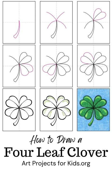 Learn how to draw a Four Leaf Clover with an easy step-by-step PDF tutorial. How To Draw A 4 Leaf Clover, How To Draw A Clover, Projects For 3rd Graders, Draw A Shamrock, Clover Coloring Page, Lunch Note Ideas, Crayon Art Projects, Four Leaf Clover Drawing, Clover Drawing