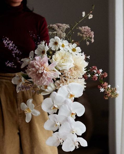 Wedding Bouquet With Orchids, Cafe Au Lait Dahlias, Chocolate Lace, Orchid Bouquet, Instagram Luxury, Orchid Arrangements, Floral Foam, Spring Garden, Backyard Wedding