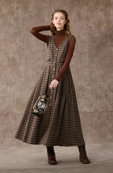 Brown Tartan, Dress Pleated, Wool Winter, Tartan Dress, Check Dress, Apron Dress, Vestidos Vintage, Winter Dress, Refined Style