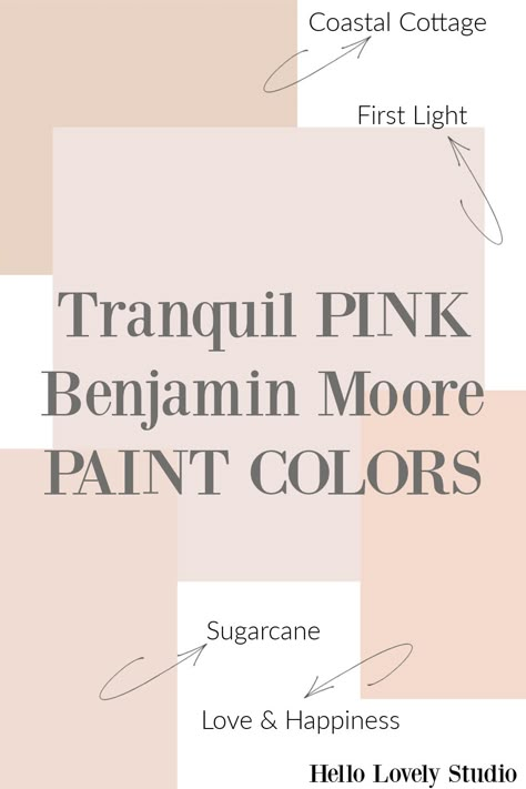 Tranquil pink Benjamin Moore paint colors to help you choose - Hello Lovely. Organdy Benjamin Moore, Benjamin Moore Love And Happiness, Benjamin Moore Rose Blush, Petunia Pink Benjamin Moore, Blush Pink Wall Paint Bedrooms, Benjamin Moore Paisley Pink, Blush Pink Paint Benjamin Moore, Benjamin Moore Rosetone Paint, Benjamin Moore Antique Pearl