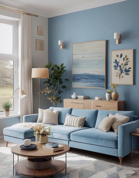 Light Blue and Cream-Colored Walls Blue Painted Room Aesthetic, Light Blue Sitting Room, Sky Blue Interior Design, Shades Of Blue Living Room, Light Blue Interior Design, Light Blue Living Room Walls, Light Blue Living Room Ideas, Pale Blue Living Room, Blue Feature Wall Living Room