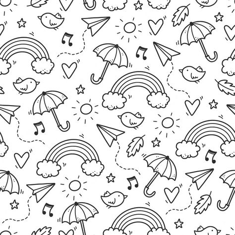 Premium Vector | Cute seamless doodle pattern with cloud, rainbow, umbrella, sun, star element. hand drawn line children style. doodle background vector illustration. Umbrella Drawing, Rainbow Umbrella, Star Doodle, Cloud Rainbow, Children Style, Doodle Background, Love Coloring Pages, Kids Doodles, Cloud Drawing