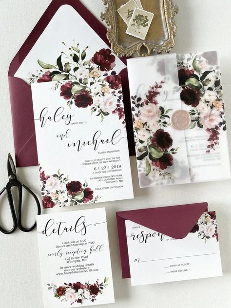 Beautiful burgundy and blush floral vellum wrap with blush wax seal Burgundy Blush And Silver Wedding, Sage Green And Burgundy Wedding Theme, Burgundy Wedding Ideas, Green And Burgundy Wedding, Vellum Wedding Invitations, Floral Vellum, Burgundy Wedding Theme, Burgundy Invitations, Vellum Wrap