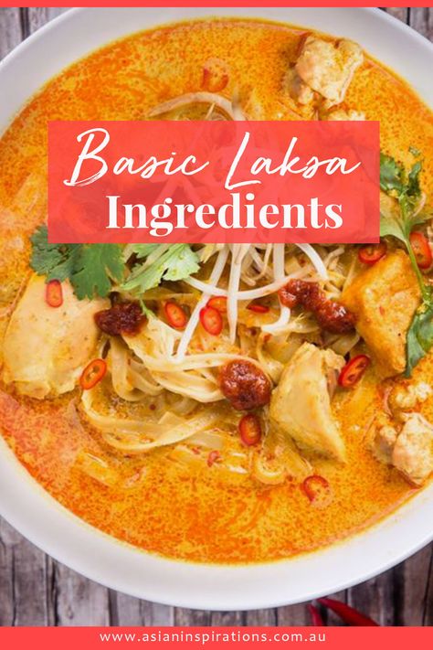 Laksa's basic taste combinations are spicy-plus-salty; complex and umami on the tongue, with distinct herbal fragrance. There are also some common ingredients that you simply cannot do without. #laksa #asianlaksa #laksaingrediets #laksabasicingredients #laksarecipes #easylaksarecipes Laksa Noodle Soup Recipe, Chicken Laksa Soup Recipe, Curry Laksa Recipe, Laksa Soup Recipe Easy, Easy Laksa Recipe, Laska Soup Recipe, Singapore Laksa Recipe, Chicken Laksa Recipe, Laksa Soup Recipe