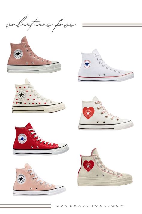 My personal favorites from the Converse Valentine's Day collection. Shop my favorites at this link (affiliate) | Valentines Day | Galentines | Converse | Sneakers | Heart Shoes Valentines Shoes, Heart Converse, Converse Collection, Cute Converse, Red High Tops, Converse Pink, Dr Shoes, Trendy Shoes Sneakers, Preppy Shoes