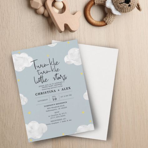 Blue Gray Watercolor Clouds Twin Boys Baby Shower Invitation Cloud Baby Shower Theme, Twin Boys Baby Shower, Baby Boy Invitations, Blue Baby Shower Invitations, Gray Watercolor, Boy Shower Invitations, Watercolor Clouds, Twins Baby Shower, Star Baby Showers