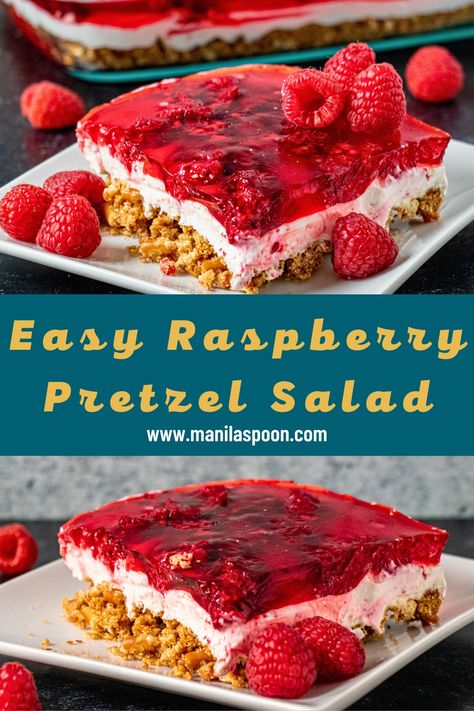 You will love the perfect balance of sweet and savory flavors that make this classic dessert - Raspberry Pretzel Salad - a crowd favorite at any gathering. You can't go wrong with this easy dessert idea for Christmas! Jello Pretzel Dessert Raspberry, Pretzel Salad Raspberry, Pretzel Jello Dessert Raspberry, Pretzel Raspberry Jello Dessert, Raspberry Pretzel Jello Salad, Hello Pretzel Salad, Raspberry Salads, Dessert Recipes Raspberry, Easy Raspberry Desserts