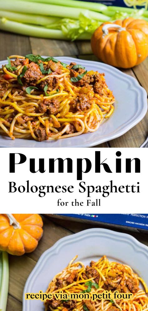 Try this Pumpkin Bolognese Spaghetti! It's a hearty and comforting dish that will warm you up on chilly nights. You'll love the rich and creamy pumpkin sauce, the savory ground beef, and the tender spaghetti noodles. This is a perfect meal to enjoy with your family or friends, or to make ahead and freeze for later. Plus, it's easy to make with simple ingredients and ready in less than an hour. Don't miss this amazing fall recipe! for more great french recipes visit MonPetitFour.com Pumpkin Spaghetti, Spaghetti Squash Recipes With Beef, Pumpkin Spaghetti Sauce, Pumpkin Bolognese, Mushroom Bolognese, Sauteed Greens, Pumpkin Sauce, Bolognese Recipe, Spaghetti Noodles