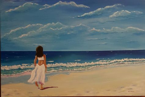 Walking On Beach Painting, Pictures For Room, Woman On Beach, Sea Drawing, Canvas Art Painting Abstract, Waves Painting, Beach Drawing, Ocean Waves Painting, The Art Sherpa