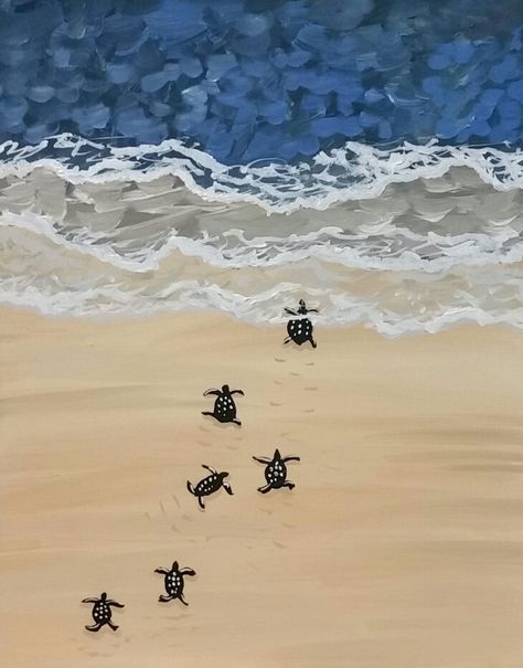 Turtle beach Acrylic on canvas 16×20 With Painting parties.com Painting Acrylic Easy, Pinterest Painting, Painting Ideas On Canvas Acrylic, Sea Turtle Painting, Painting Ideas On Canvas Easy, Beach Drawing, Beach Art Painting, Sea Turtle Art, Silhouette Painting