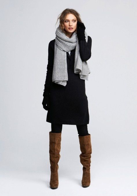 black dress, gray scarf, black tights, brown boots Chique Outfit, Womens Health Magazine, Scarf Trends, Mode Casual, Trend Forecasting, 가을 패션, Fashion Mode, Looks Style, Mode Inspiration