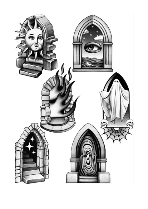 Dark Traditional Tattoo Flash, Black Work Tattoo Flash, Gothic Tattoo Flash, Portal Tattoo Ideas, Flash Tattoo Blackwork, Black Work Tattoo Design, Blackwork Tattoo Flash, Blackwork Flash, Spooky Flash