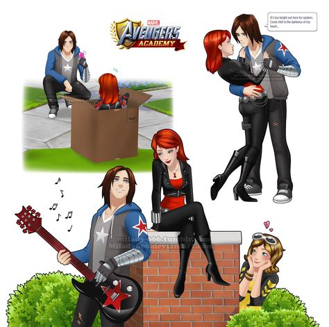 Marvel Academy, Marvel Avengers Academy, Bucky And Natasha, Avengers Academy, Marvel Pins, Avengers Characters, Bucky Barnes Winter Soldier, Young Avengers, Marvel Fan Art