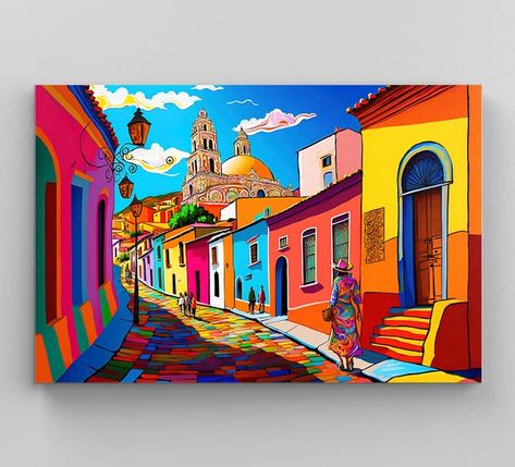 Mexican Paintings Ideas Easy, Mexican Canvas Painting, Mexican Art Prints, Modern Mexican Art, Mexican Murals, Mexico Drawing, Mexican Art Decor, Mexican Village, Mexican Art Painting