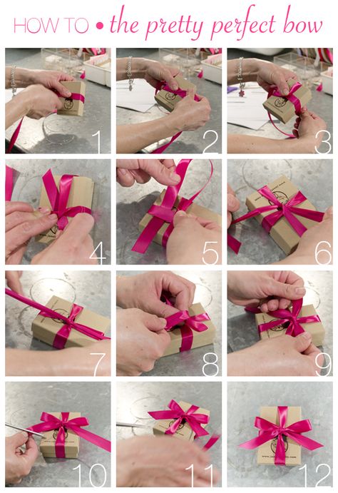 How to tie a pretty perfect bow! This technique can be done with your ribbon of choice and leaves the bottom of the box flat and ready to be stacked on top of a tower of gifts, or to sit nicely on its own. Tie A Ribbon Bow Gift Wrapping, Bow Present Ribbon, Gifts With Ribbon, Box Ribbon Wrap Bow Tutorial, Unique Ribbon Bows Gift Wrapping, Bow On Gift Box Ribbons, Bow Gift Wrapping, Christmas Bows Diy, Diy Christmas Lights