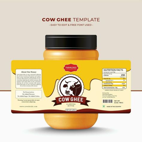 Ghee Jar Label Design, Ghee Label Design, Dairy Products Logo, Popsicles Packaging, Dairy Products Packaging Design, Cow Products, Kali Hindu, Cow Ghee, Bottle Label Design