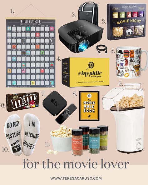 Gift Ideas For Movie Lovers, Gifts For Film Lovers, Movie Lover Gift Ideas, Gift For Movie Lover, Gifts For Movie Lovers, Christmas Gift Ideas For Him, Backyard Movie Theaters, Teresa Caruso, For Boyfriend Gifts