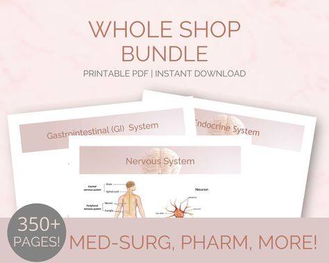 Get the Whole Shop! Excited to share the latest addition to my #etsy shop: WHOLE SHOP Bundle | Nursing Notes | Study Guides | Med Surg Bundle | EKG Bundle | Cardio, Respiratory Meds | All Templates | and Much More! https://etsy.me/3la3pfB #pink #white #wholeshopbundle Bliss Products, Ekg Interpretation, Brain Neurons, Notes Study, Peripheral Nervous System, Lab Values, Pharmacology Nursing, Med Surg, Nursing School Notes