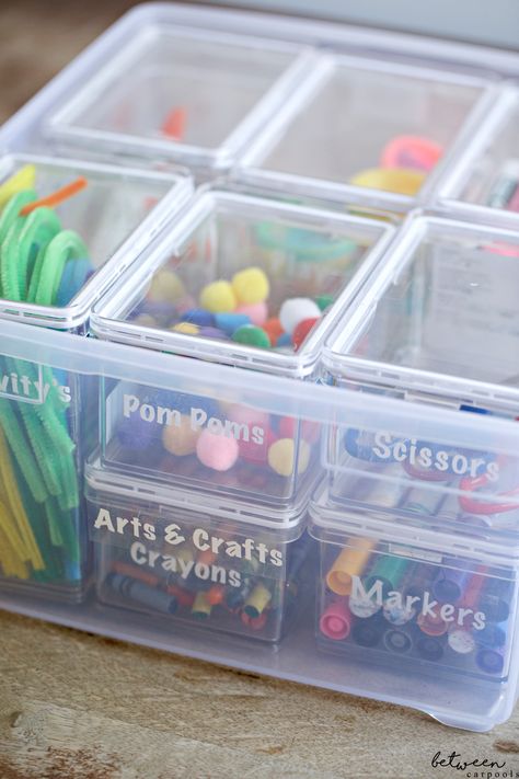 The Best Ever Solution for Storing Crayons, Markers, and Crafts | Between Carpools Marker And Crayon Storage, Crayon And Marker Storage, Crayon Storage Ideas, Organizing Crayons, Storing Markers, Crayon Organizer, Toddler Storage, Crayon Storage, Homeschool Room Decor