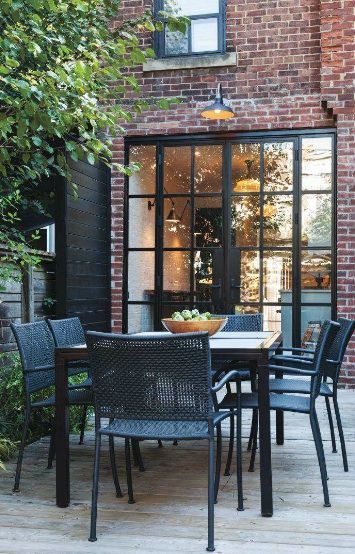 Crittall Style Doors From Kitchen On To Patio - Image Via Http://www.elementsofstyleblog.com/2014/01/inspired By Canadian House Home.html Black French Doors, Canadian House, Black Window Frames, Window Trim Exterior, French Doors Patio, Red Brick House, Outside Patio, Casa Exterior, Brick Patios