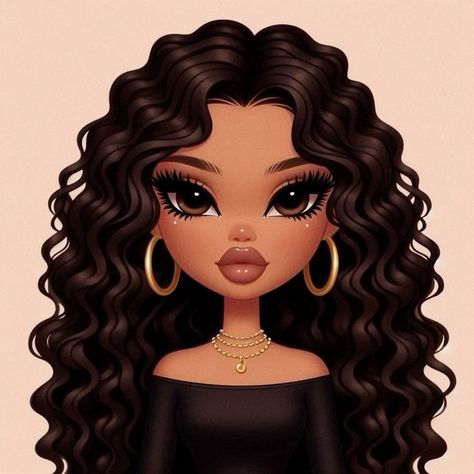 Bratz Doll With Curly Hair, Bratz Dolls Aesthetic Curly Hair, Bratz Doll Short Hair, Bratz Curly Hair, Brown Hair Cartoon, Instagram Profile Pic, Black Bratz Doll, Brat Doll, Bratz Girls