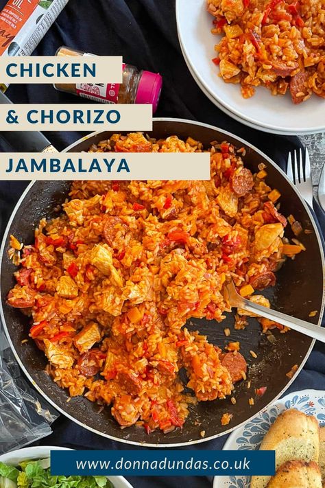 Chicken and Chorizo Jambalaya is a spicy and flavourful Cajun-inspired rice dish that will delight your taste buds. With tender chicken, spicy chorizo, and Cajun Seasoning, this one-pot wonder is perfect for a cosy weeknight dinner. Chicken And Chorizo Jambalaya, Spicy Chorizo Recipes, Chicken And Chorizo Rice, Chorizo And Chicken Recipes, Chicken And Chorizo Recipes, Slow Cooker Rice Recipes, Chorizo Jambalaya, Chicken Chorizo Recipe, Chicken And Chorizo Risotto