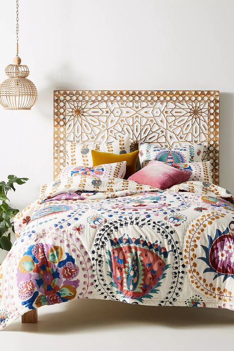 Mexican Painted Bed, Boho Chic Bedroom Bedding, Behemoan Bedding, Cozy Bohemian Bed, Funky Master Bed, White Bedding With A Pop Of Color, Chic Boho Bedding, Boho Chic Bedroom Twin Bed, Boho Master Bed Vintage