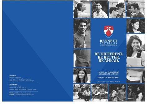 Creative Brochure cover design with modern layouts for brand communication and marketing of a reputed University in India. Concept and Design by OH! Design Studio. The brochure was designed for admission marketing to introduce the brand to the prospective students compellingly and with relevance. View other brochure designs by OH! Design Studio at http://www.ohdesignstudio.com/brochure-design  #Brochuredesign #brochureDesignInspiration #BrochureDesignIdeas School Prospectus Cover Design, College Brochure Design, University Brochure Design, Education Brochure Design, Flour Design, Education Ads, Social Media Design Ideas, Google Display Ads, University Brochures