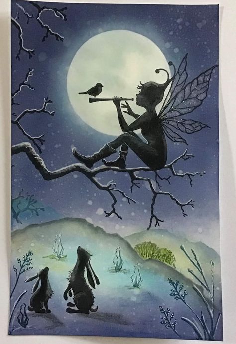 Lavinia Stamps Cards, Fairy Silhouette, Moon Fairy, Fairy Images, Silhouette Cards, Fairy Pictures, Bare Tree, Lavinia Stamps, Happy Paintings