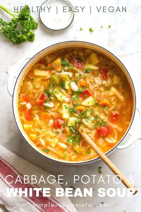 Rustic Cabbage Potato And White Bean Soup, Vegan Cabbage Potato Soup, Cabbage Soup With White Beans, Navy Bean And Cabbage Soup, Wfpb Cabbage Recipes, Cabbage White Bean Soup, Leek And Cabbage Soup, Cabbage And Bean Soup Recipe, Cabbage And White Bean Soup