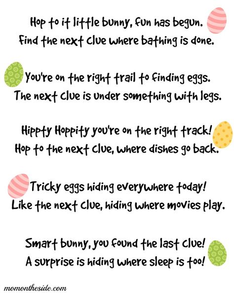 Easter Scavenger Hunt Clues {Printables} Easter Egg Scavenger Hunt Clues, Easter Scavenger Hunt Clues, Egg Hunt Clues, Easter Egg Scavenger Hunt, Easter Egg Hunt Clues, Easter Treasure Hunt, Easter Scavenger Hunt, Somebunny Loves You, Treasure Hunt Clues