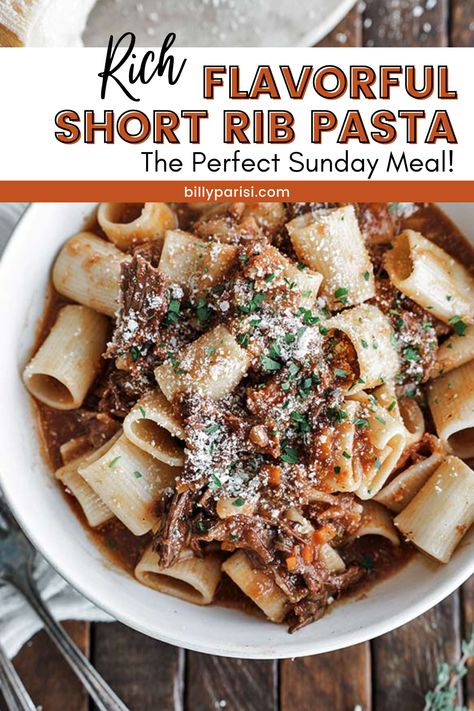 This rich flavorful short rib pasta is the perfect Sunday meal! This short-rib pasta is a delicious recipe for slow-cooked beef in tomatoes, wine, and herbs that is tossed in pasta. This is one of my all-time favorite sauces for friends and family. Perfect for a dinner with friends or a Sunday family dinner. Beef Short Rib Pasta, Short Rib Rigatoni, Short Rib Leftover Recipes, Short Rib Pasta Recipe, Braised Short Rib Pasta, Short Rib Pasta, Pasta With Beef, Sunday Family Dinner, Billy Parisi