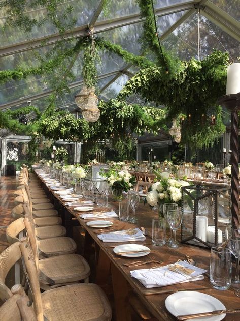 Chandeliers With Greenery, Diy Outdoor Party, Party Marquee, Marquee Party, Glass House Wedding, Marquee Tent, Tent Ideas, Shed Landscaping, Dream Wedding Reception