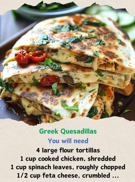 Greek Quesadillas, Chicken Shredded, Mediterranean Food, Cooked Chicken, Spinach Leaves, Flour Tortillas, Quesadillas, Mediterranean Recipes, Tortillas