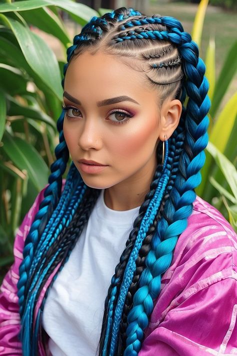 Braided Hairstyles With Added Hair, Lots Of Braids Hairstyles, Braided Hairstyles With Color, Rave Braids Festival Hair, Braids For White Women, Blue And Black Braids, Hair Braids Styles, Festival Hair Braids, Blue Braids