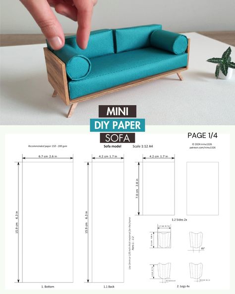 1/12 scale diy dollhouse sofa model made with printable paper templates. You can watch the video tutorial and download the free blank template to try out this mini model. Free Printable Dollhouse, Mini Model, Dollhouse Furniture Templates Free Printable, 1/6 Scale Barbie Furniture Diy, Barbie Sofa Diy, Dollhouse Furniture Plans, Miniature Sofa Tutorial, Tiny Sofa, Barbie Furniture 1:6